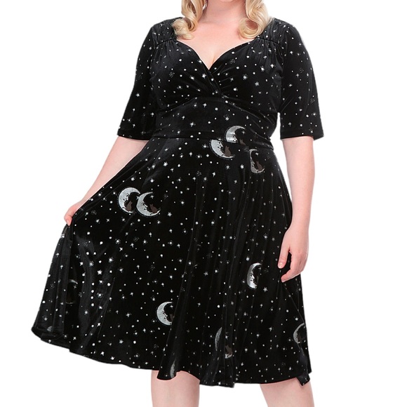 Collectif Dresses & Skirts - Collectif Dress Trixie Moon Velvet Swing Gothic Black Midi Moon Cat Star Size XL